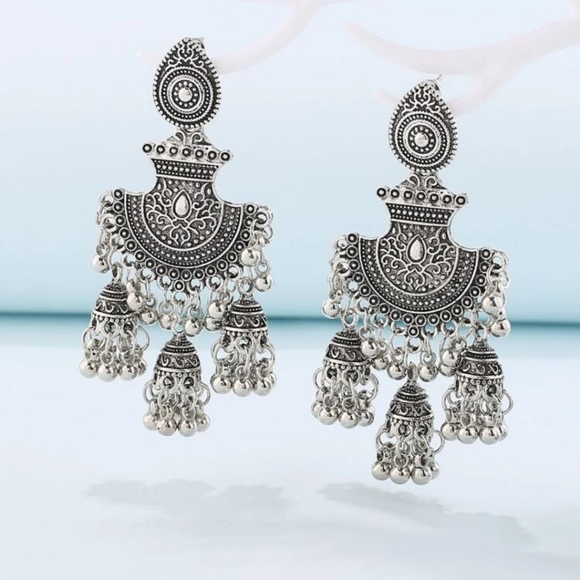 NWT Antique silver jhumkas/ Indian pakistani jewellery/ bead tassels jhumka - Picture 4 of 4